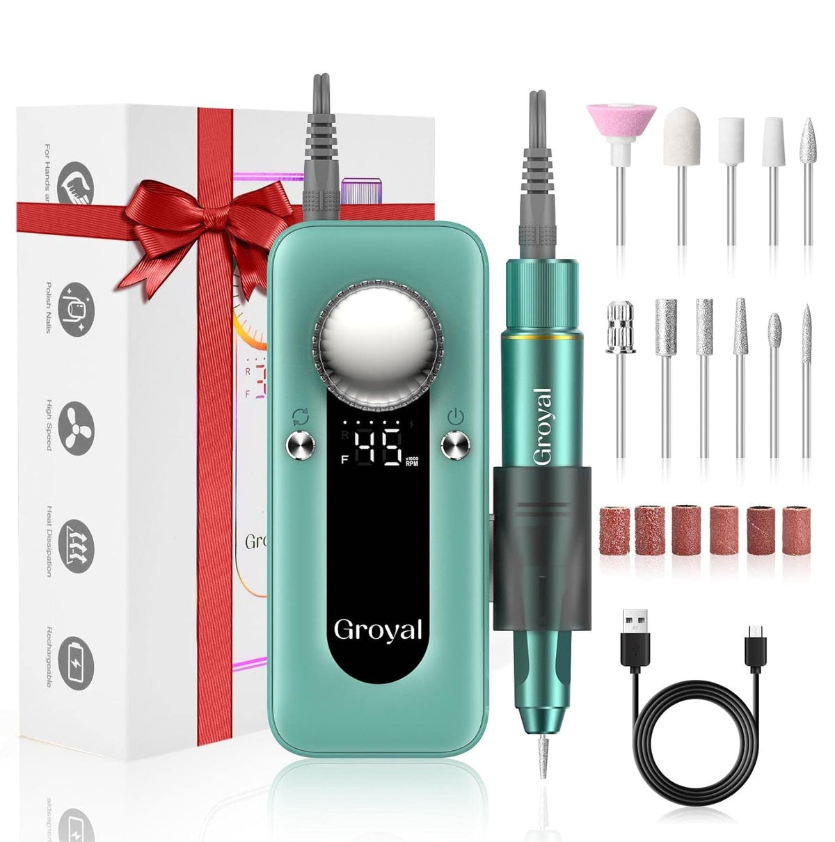 Groyal electric nail drill 45000rpm cordless for fast shaping of acrylic and gel nails.
