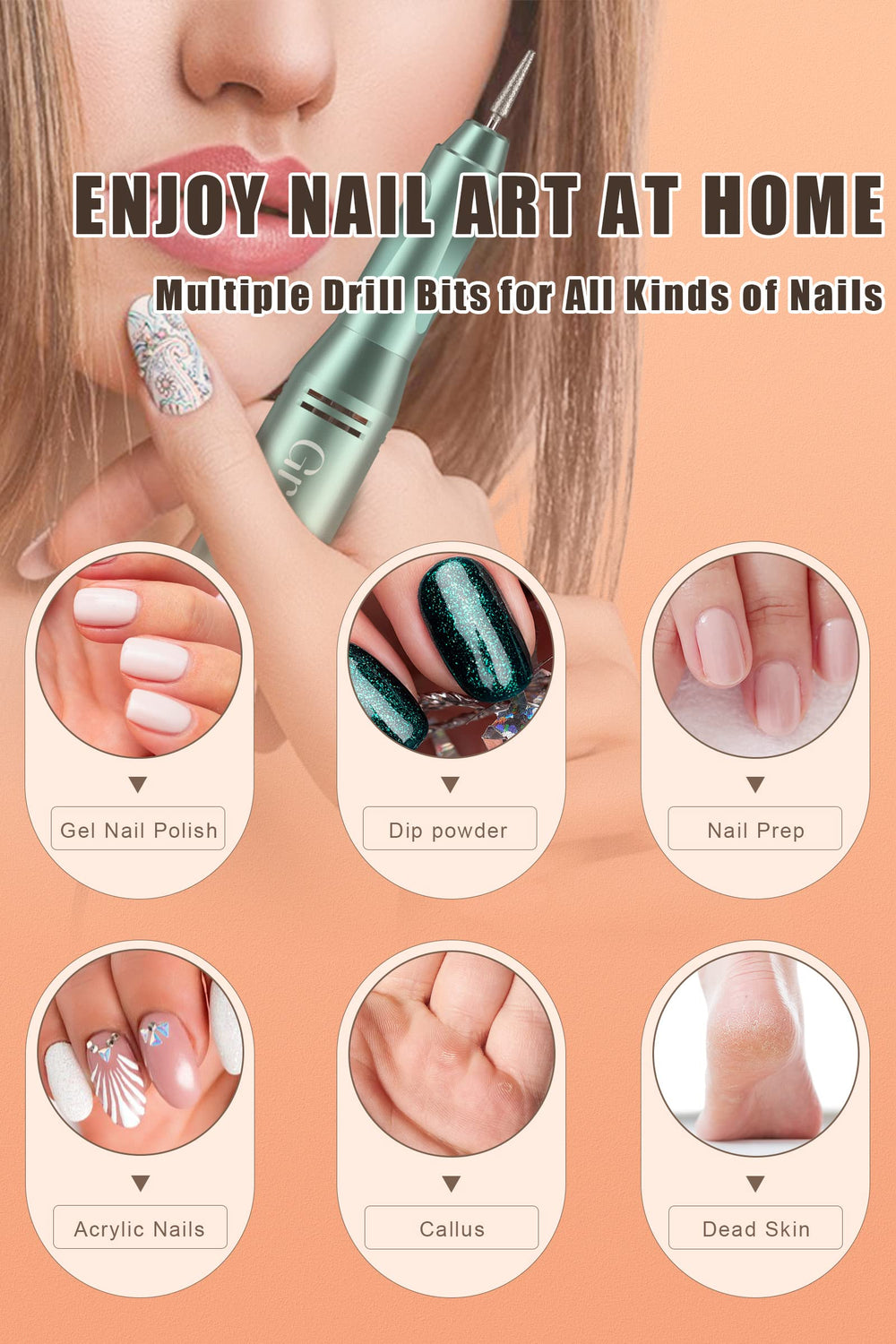 Groyal electric nail drill battery display shows charge and speed for easy cordless use.