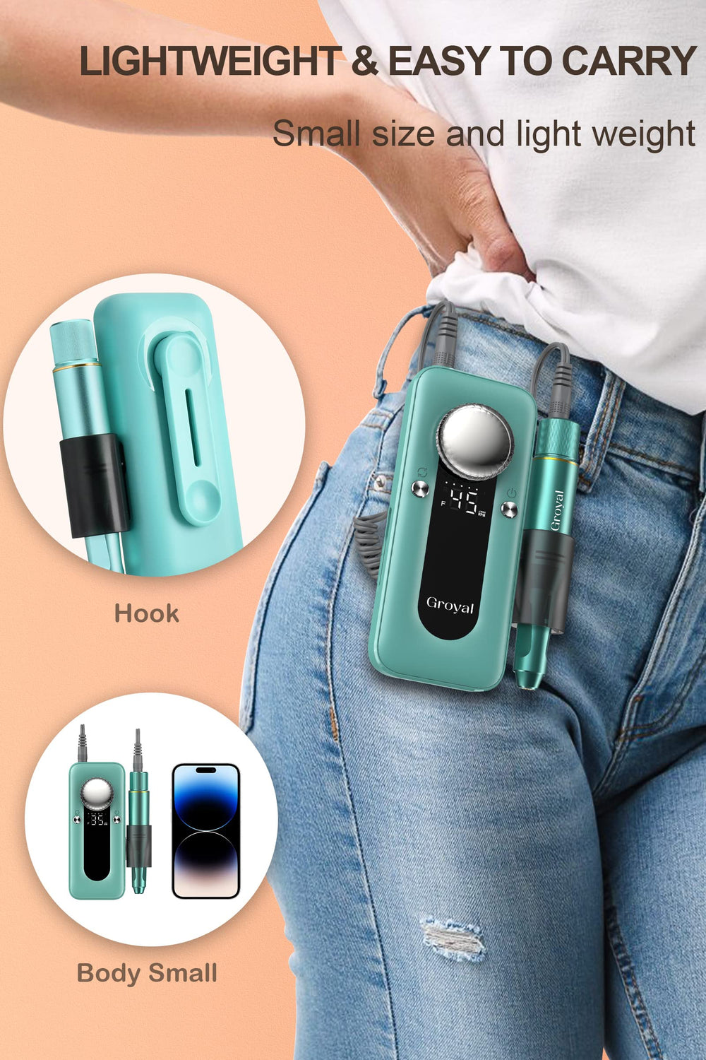 Groyal electric nail drill in-use nail art removal and cuticle detailing.