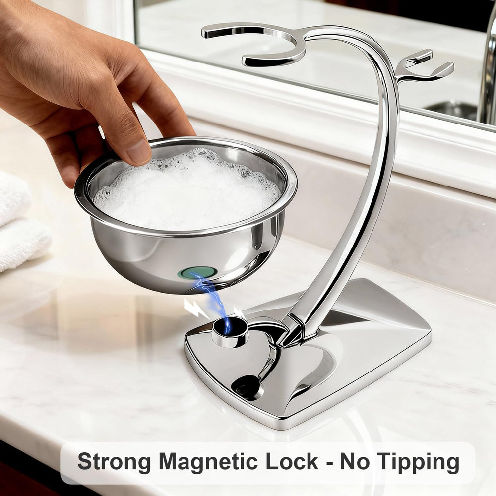 GRUTTI shaving-bowl-rust-resistant-stand emphasizes a long-lasting chrome finish.