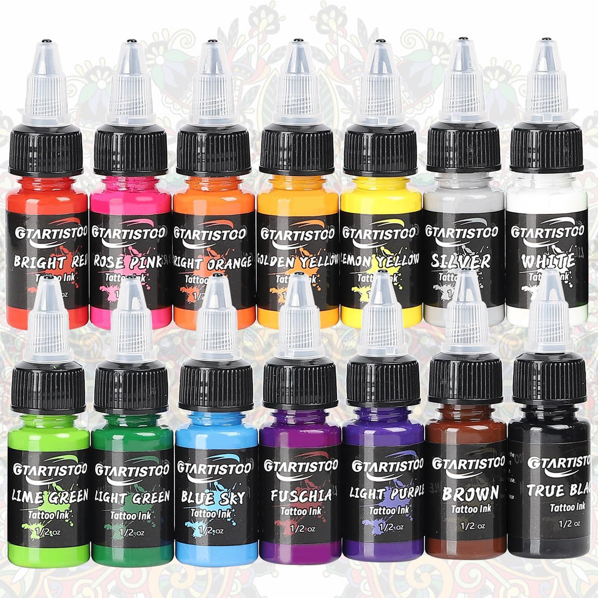 GTARTISTOO tattoo ink set 15ml bottle close-up highlighting vibrant color range for precise tattooing