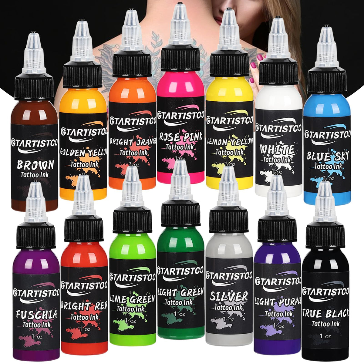 GTARTISTOO tattoo ink set 14 colors 30ml bottles front view for precise shading