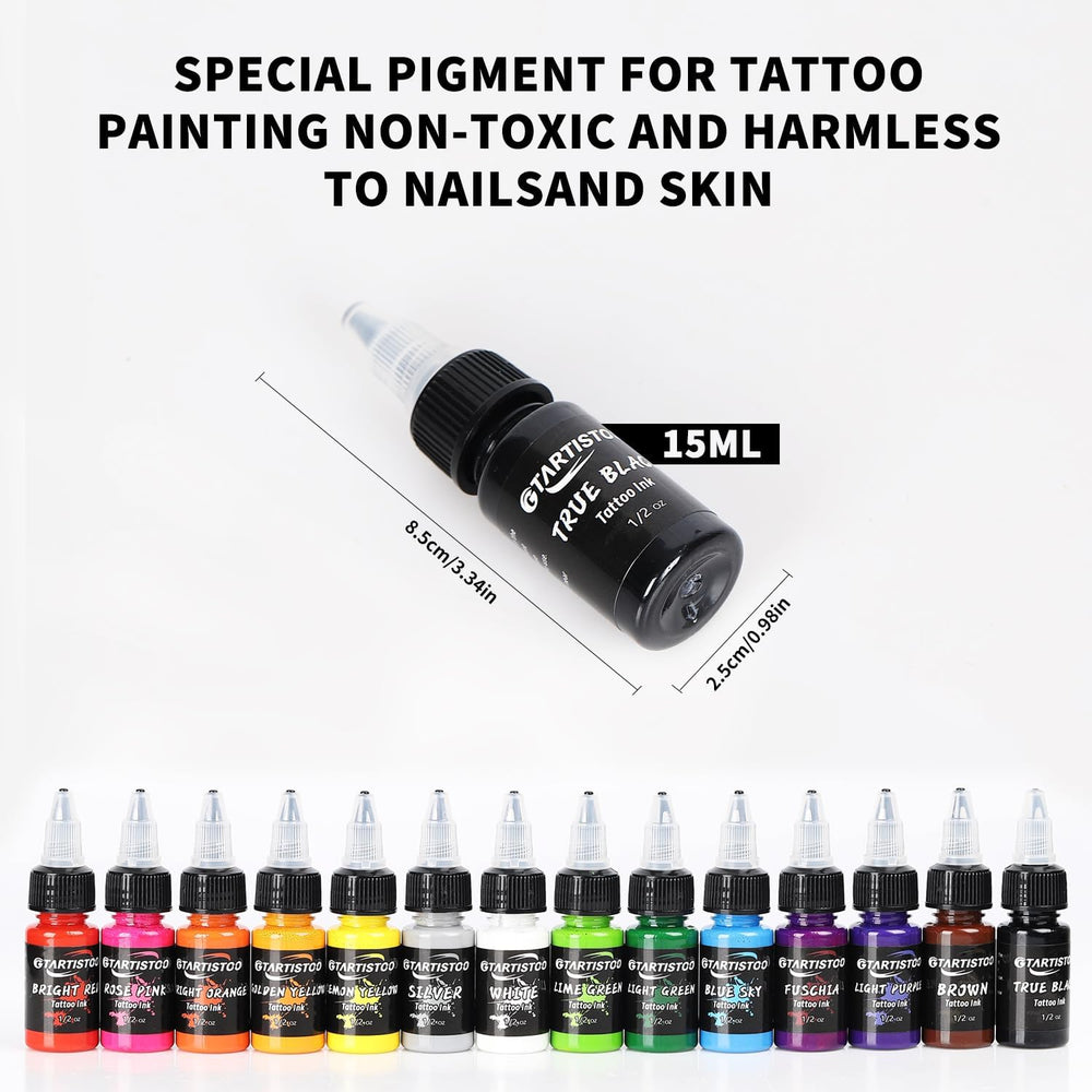 GTARTISTOO tattoo ink set 15ml packaging and label close-up highlighting vegan-friendly formula