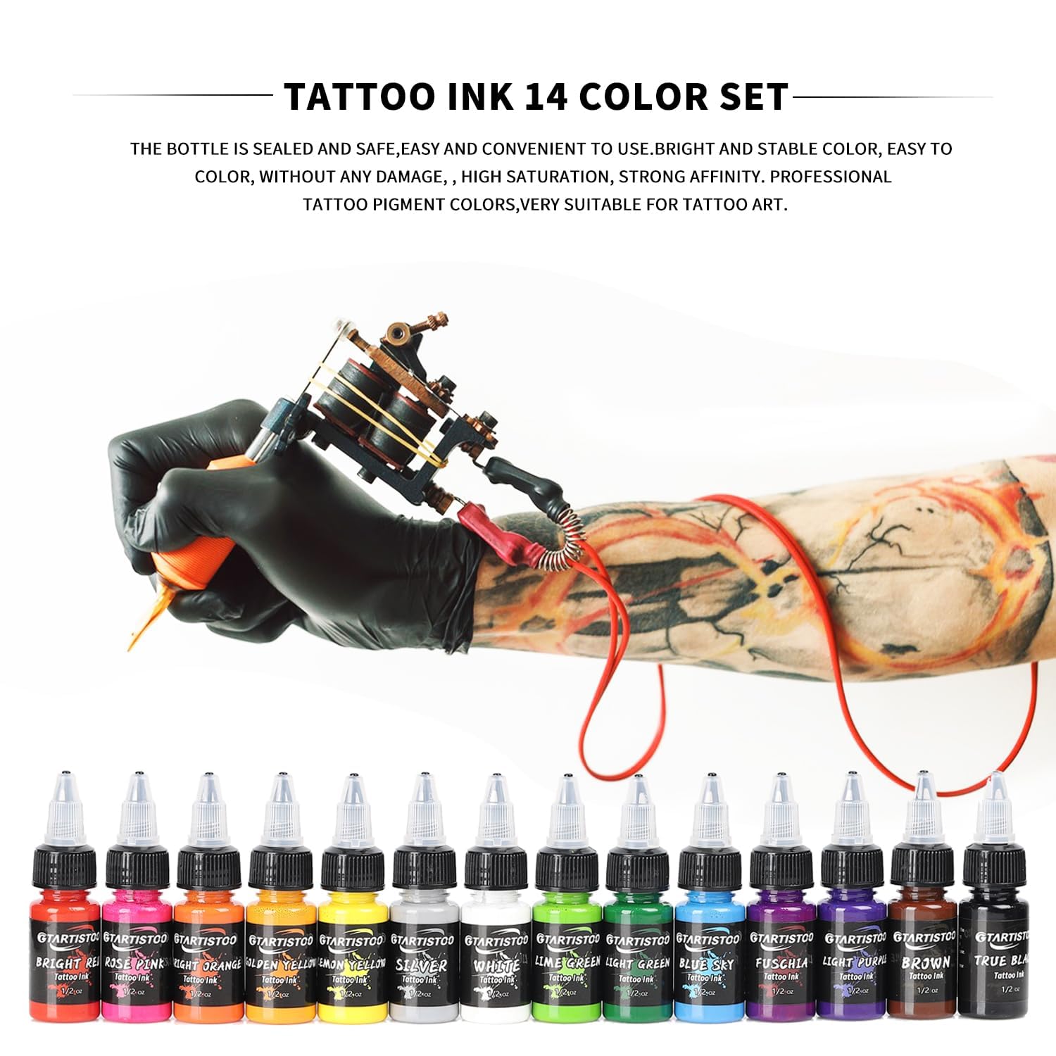 GTARTISTOO tattoo ink set 15ml color kit arranged for hygienic storage and easy access