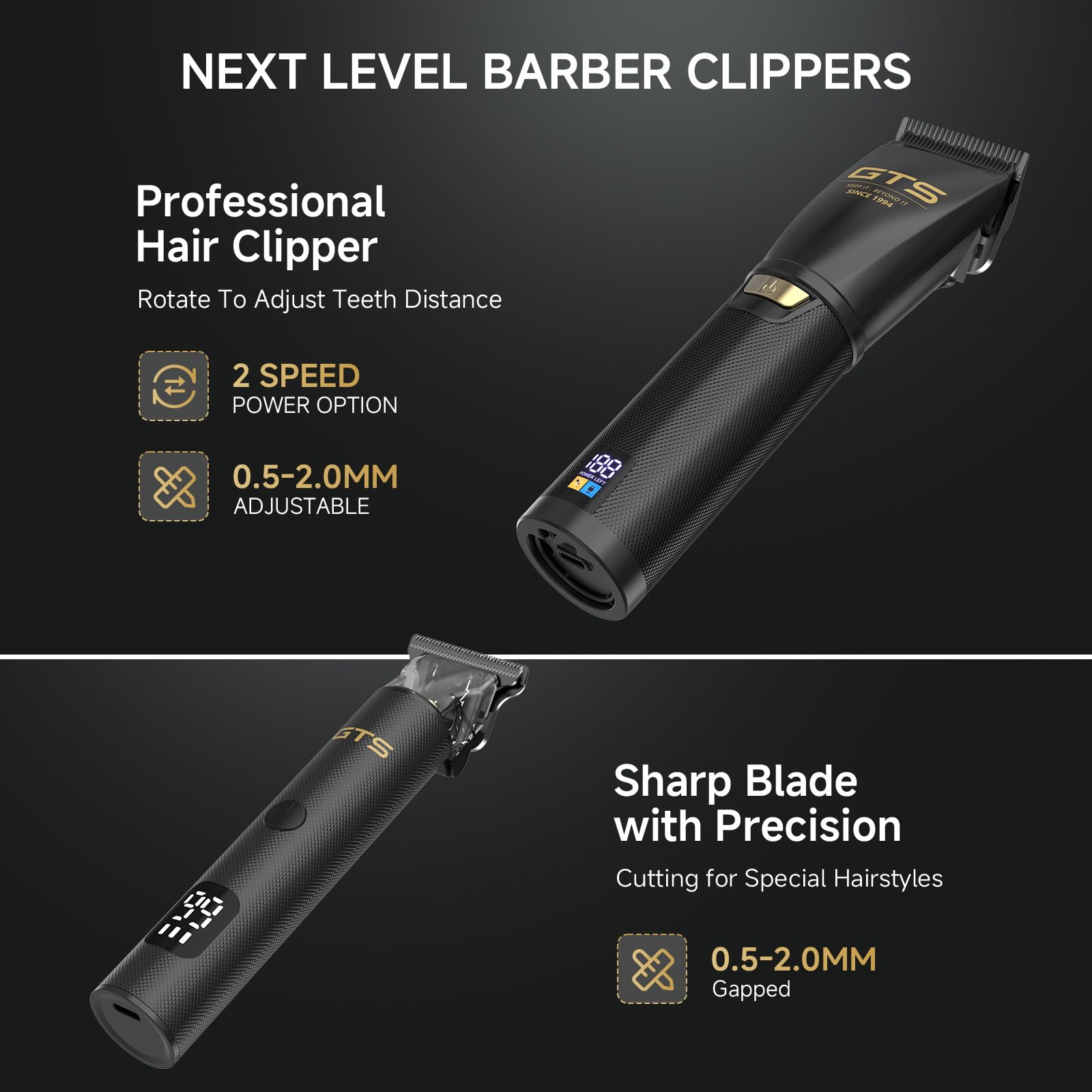 GTS PRO beard trimmer angled head for clean edge lines.