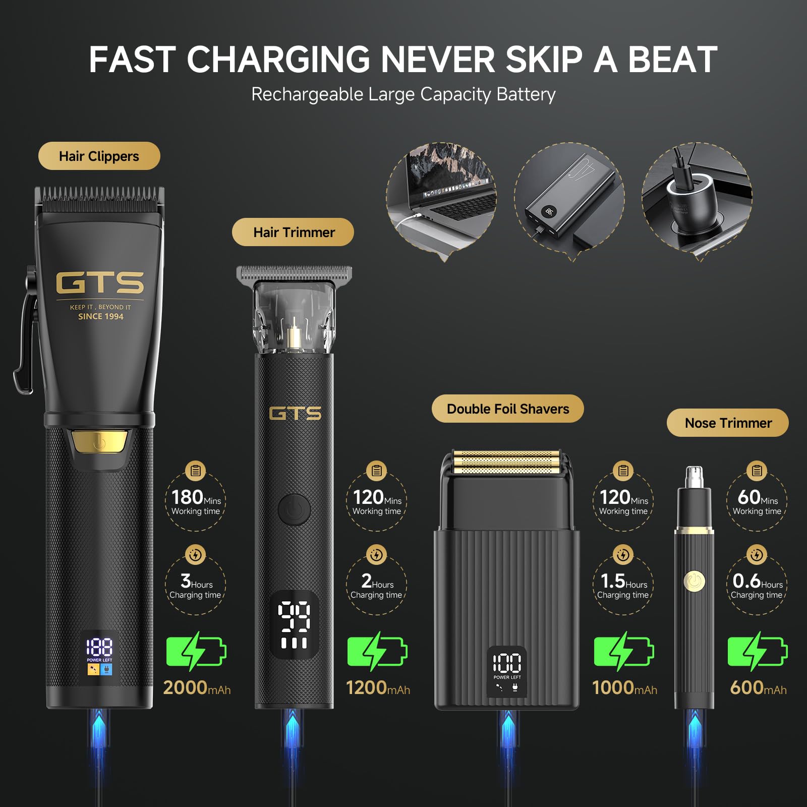 GTS PRO haircutting kit with LED display and accessories case.