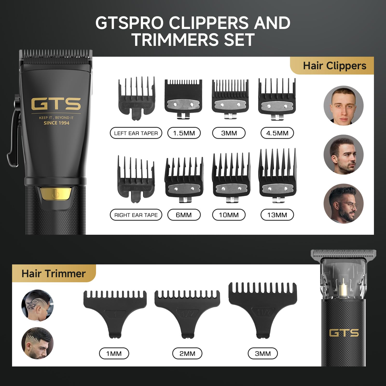 GTS PRO precision trimmer with detail combs for sharp outlines.