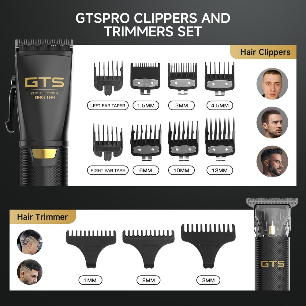 GTS PRO precision trimmer with detail combs for sharp outlines.