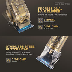 GTS PRO professional hair clipper set side design emphasizes durable build for everyday use