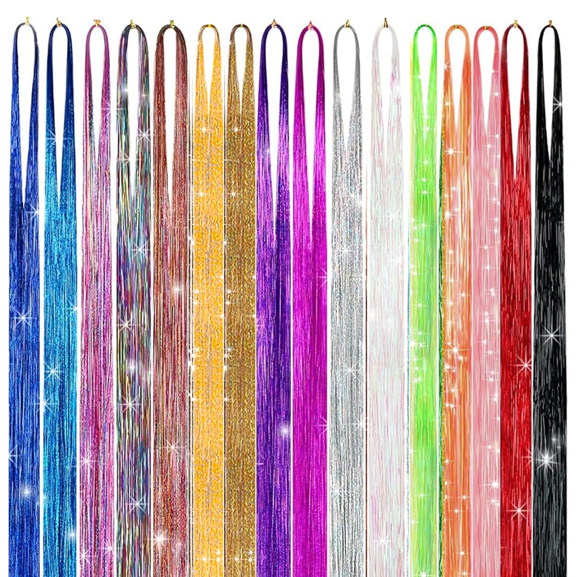 GTTUKK hair tinsel close-up showing 3200 strands per piece and shine.
