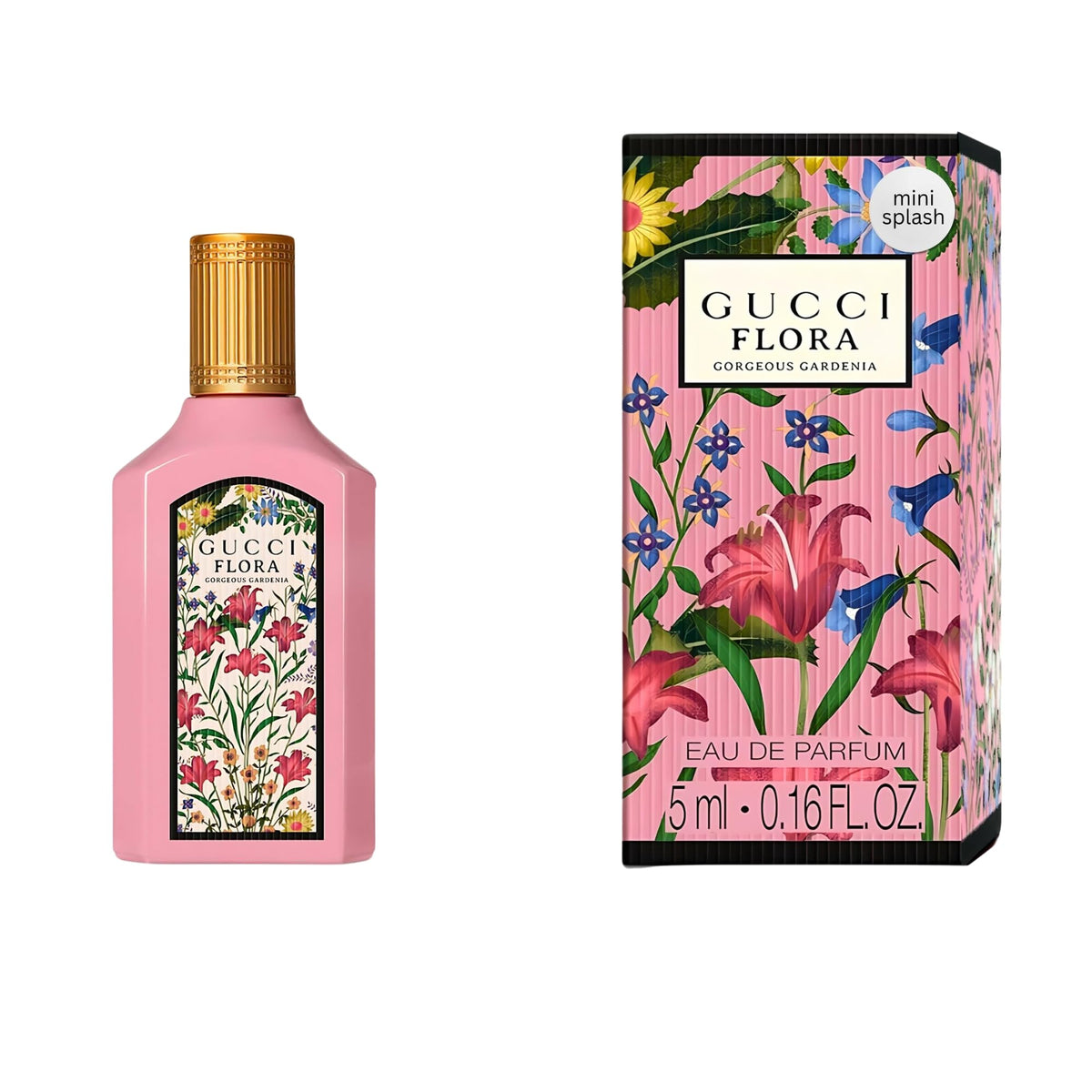Gucci Flora Gorgeous Gardenia mini splash top bottle — compact on-the-go fragrance.