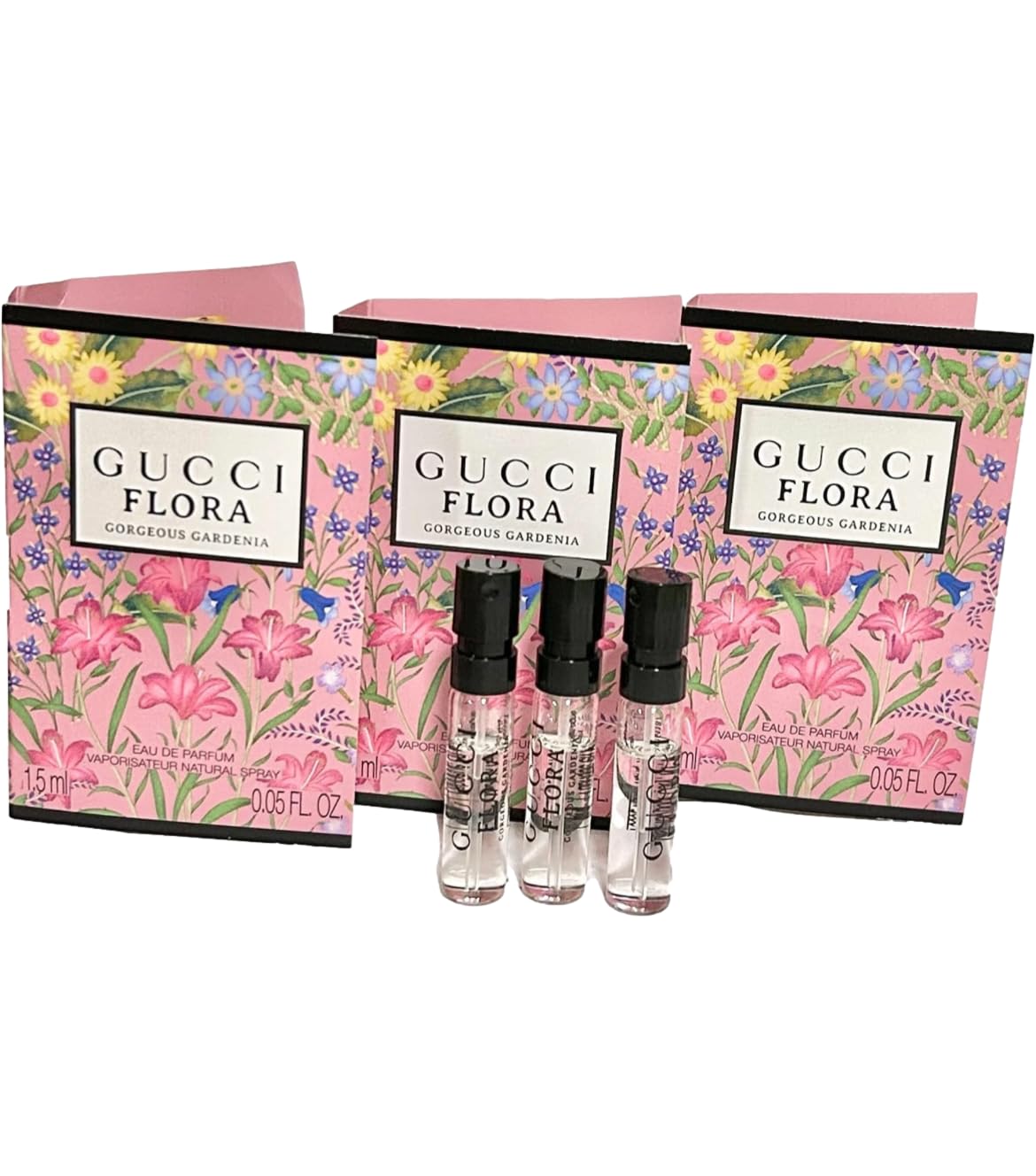 Gucci Flora Gorgeous Gardenia sample bottle close-up for on-the-go fragrance testing.
