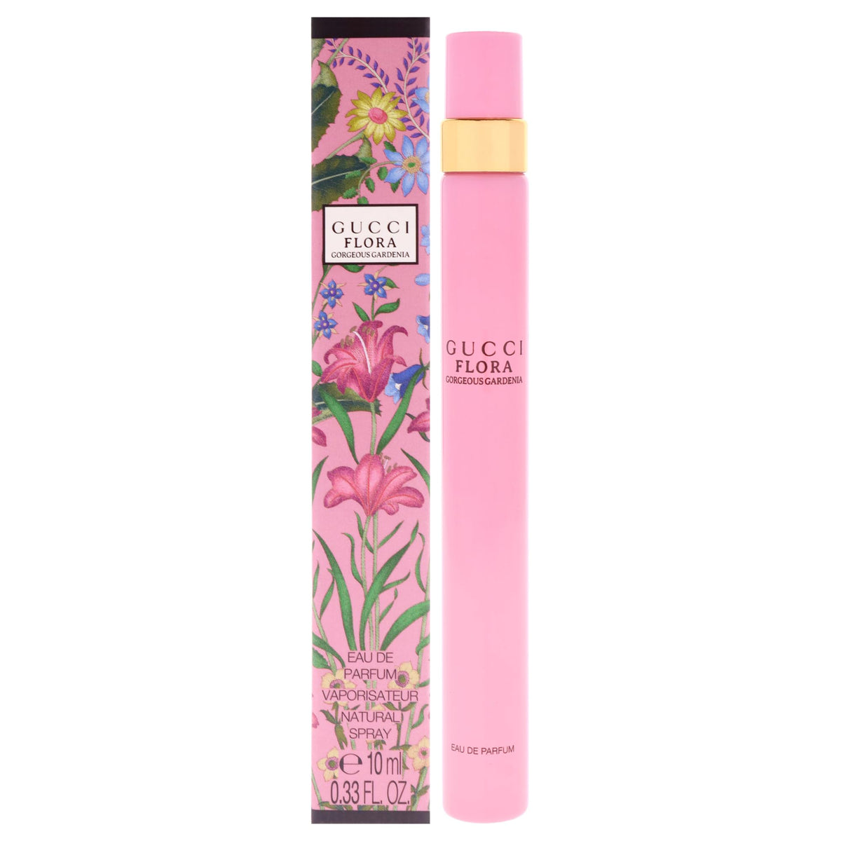 Gucci Flora Gorgeous Gardenia travel spray bottle on vanity for on-the-go fragrance refresh