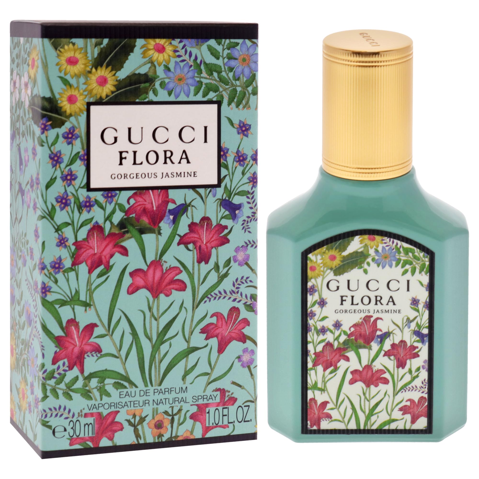 Gucci Flora Gorgeous Jasmine label-detail showing mandarine and jasmine notes for a fresh vibe.