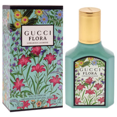 Gucci Flora Gorgeous Jasmine label-detail showing mandarine and jasmine notes for a fresh vibe.