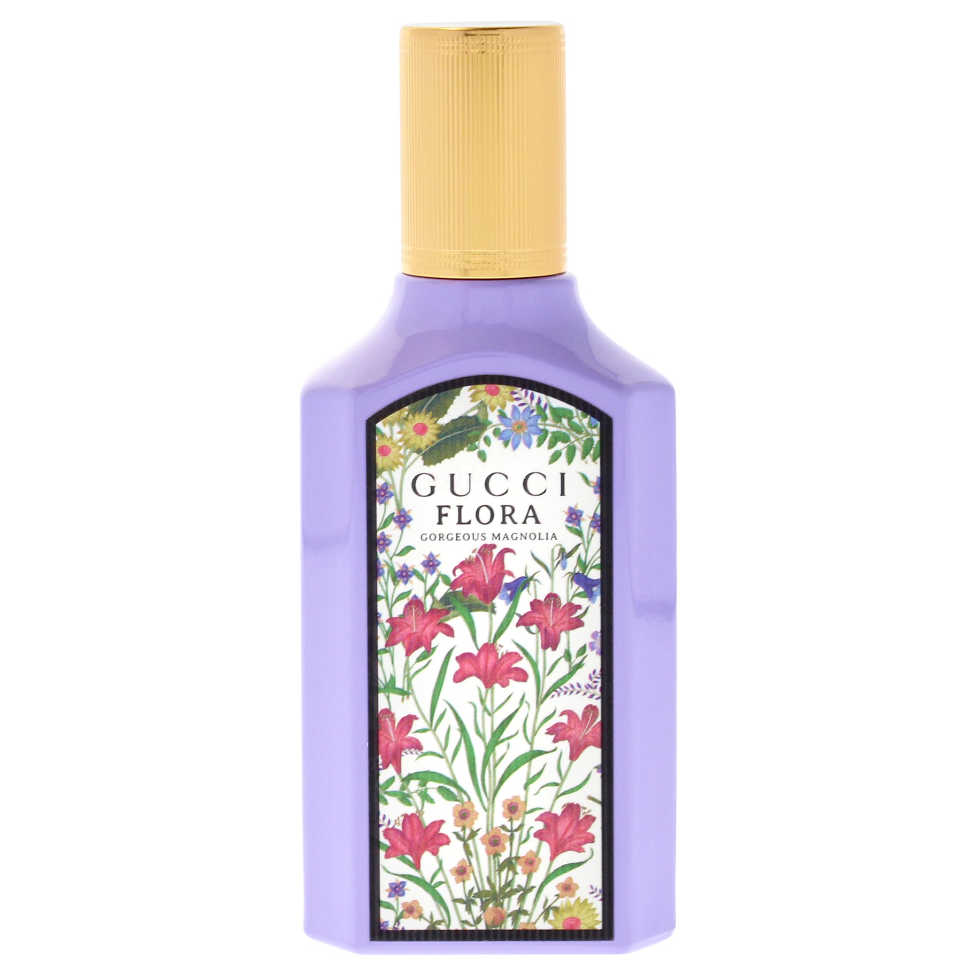 Gucci Flora Gorgeous Magnolia bottle closeup highlights refined floral design.