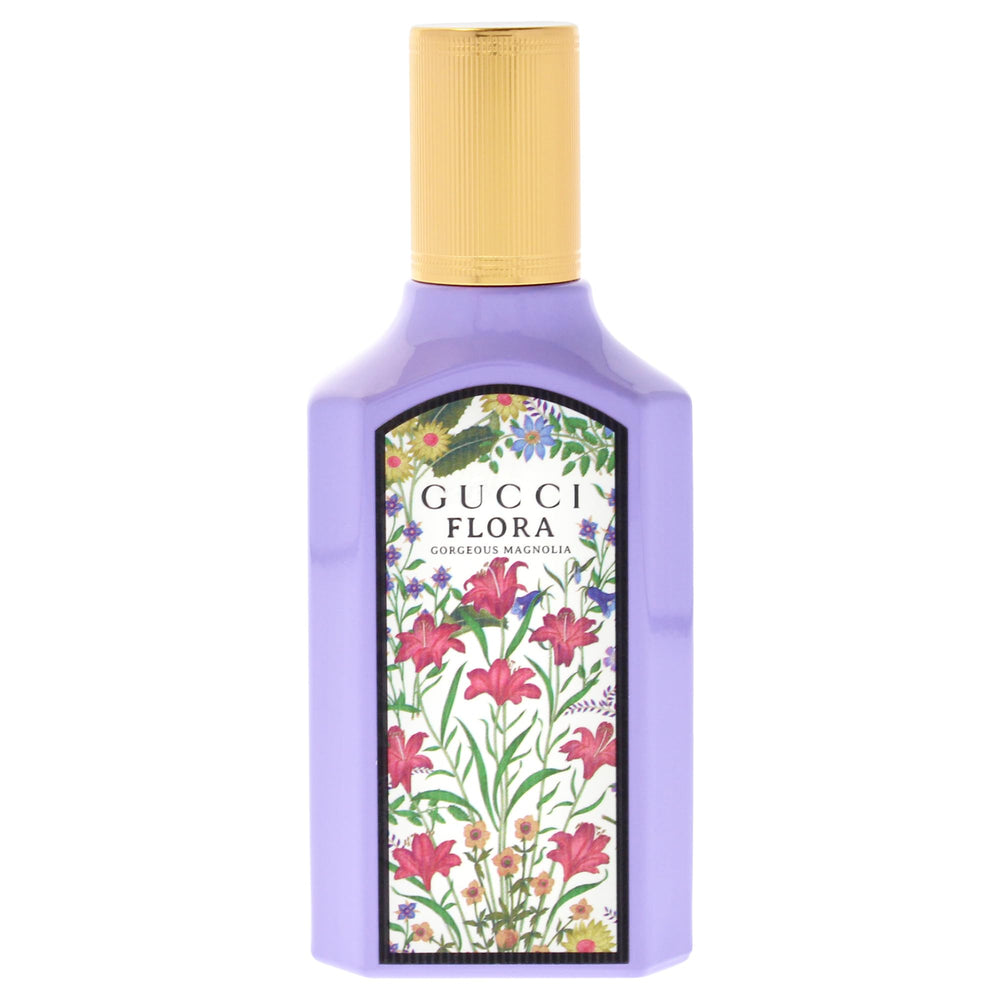 Gucci Flora Gorgeous Magnolia bottle closeup highlights refined floral design.