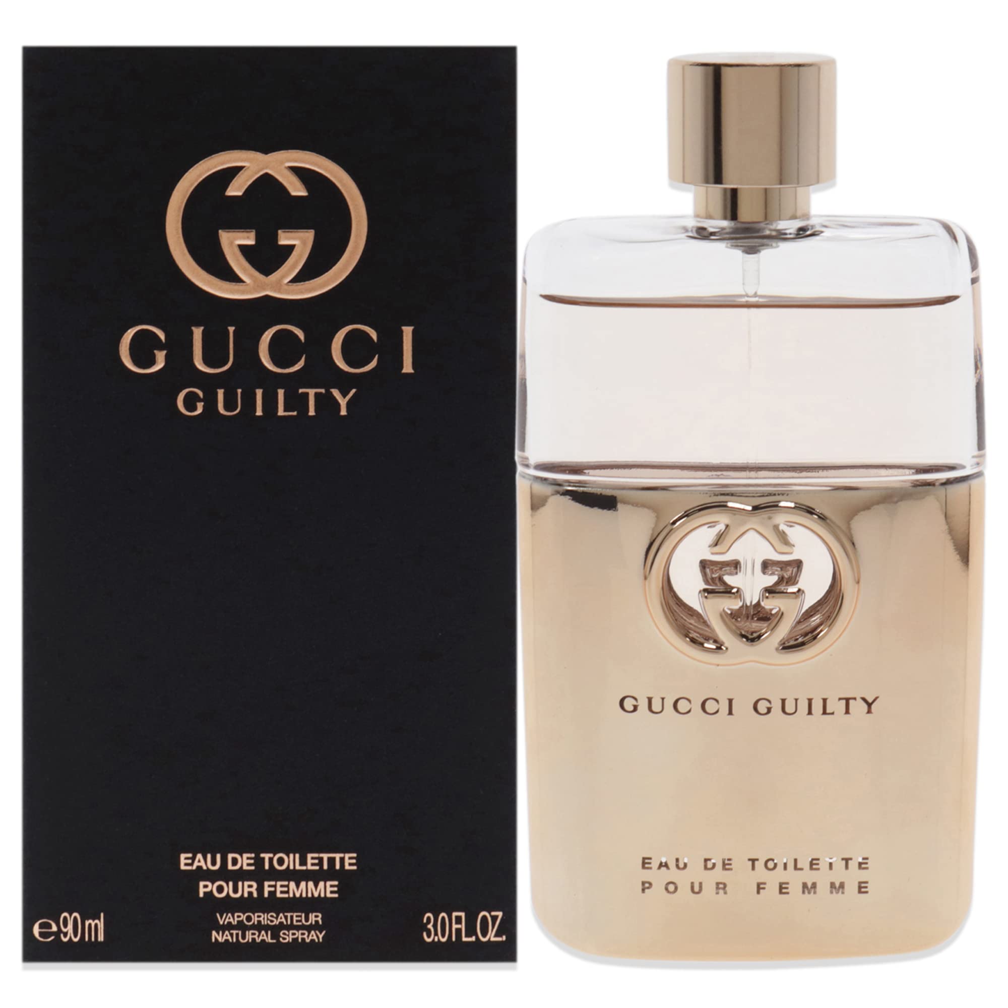 Gucci Guilty bottle-front view highlighting an oriental floral blend for daily elegance.