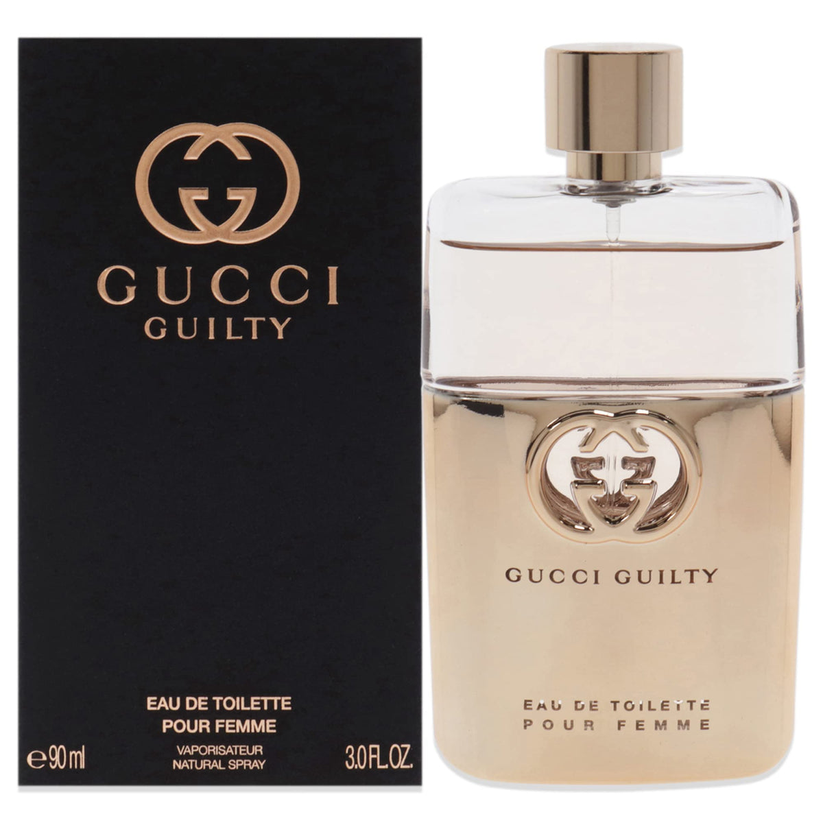 Gucci Guilty bottle-front view highlighting an oriental floral blend for daily elegance.