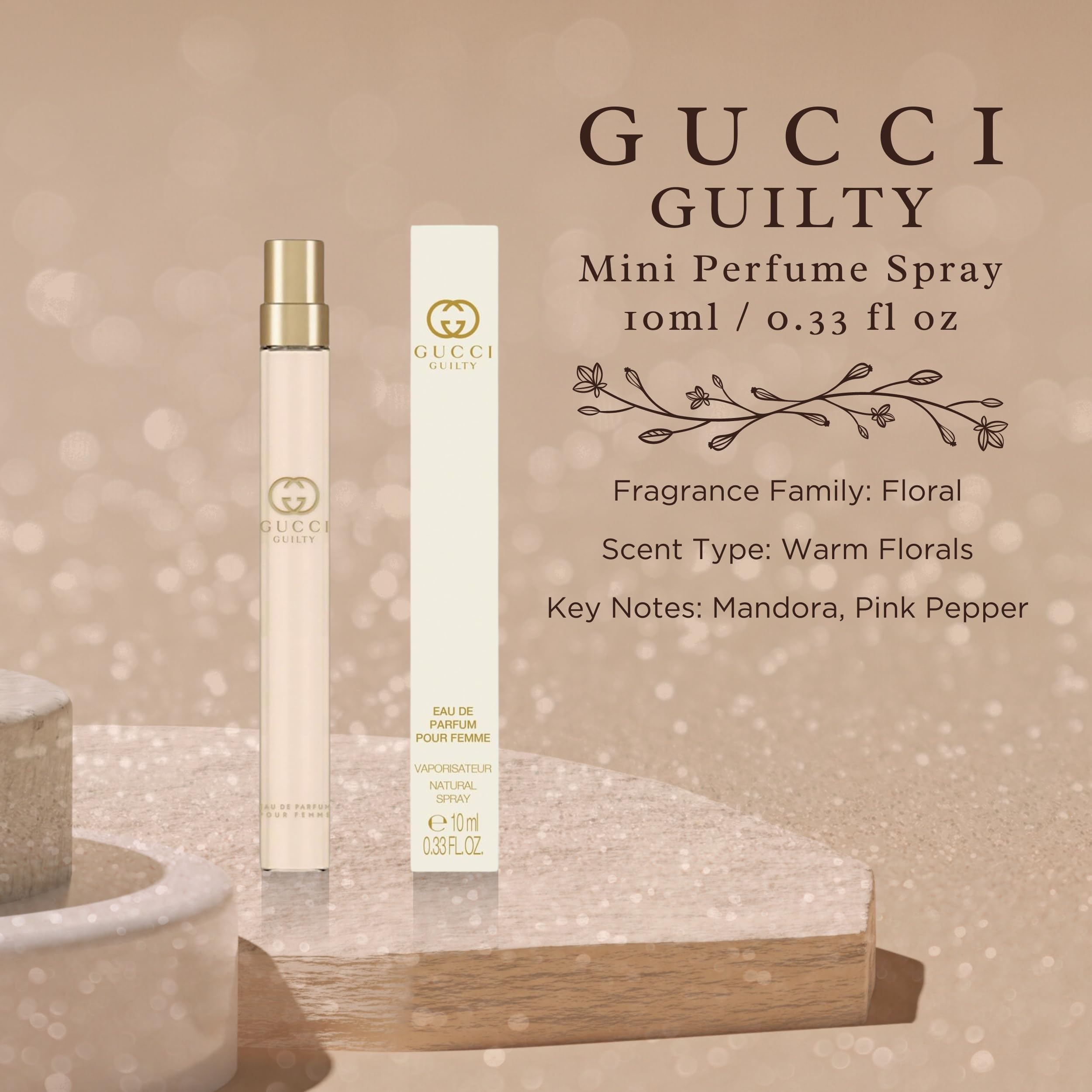 Gucci Guilty Pour Femme top notes blend mandarin and bergamot for a vibrant opening.