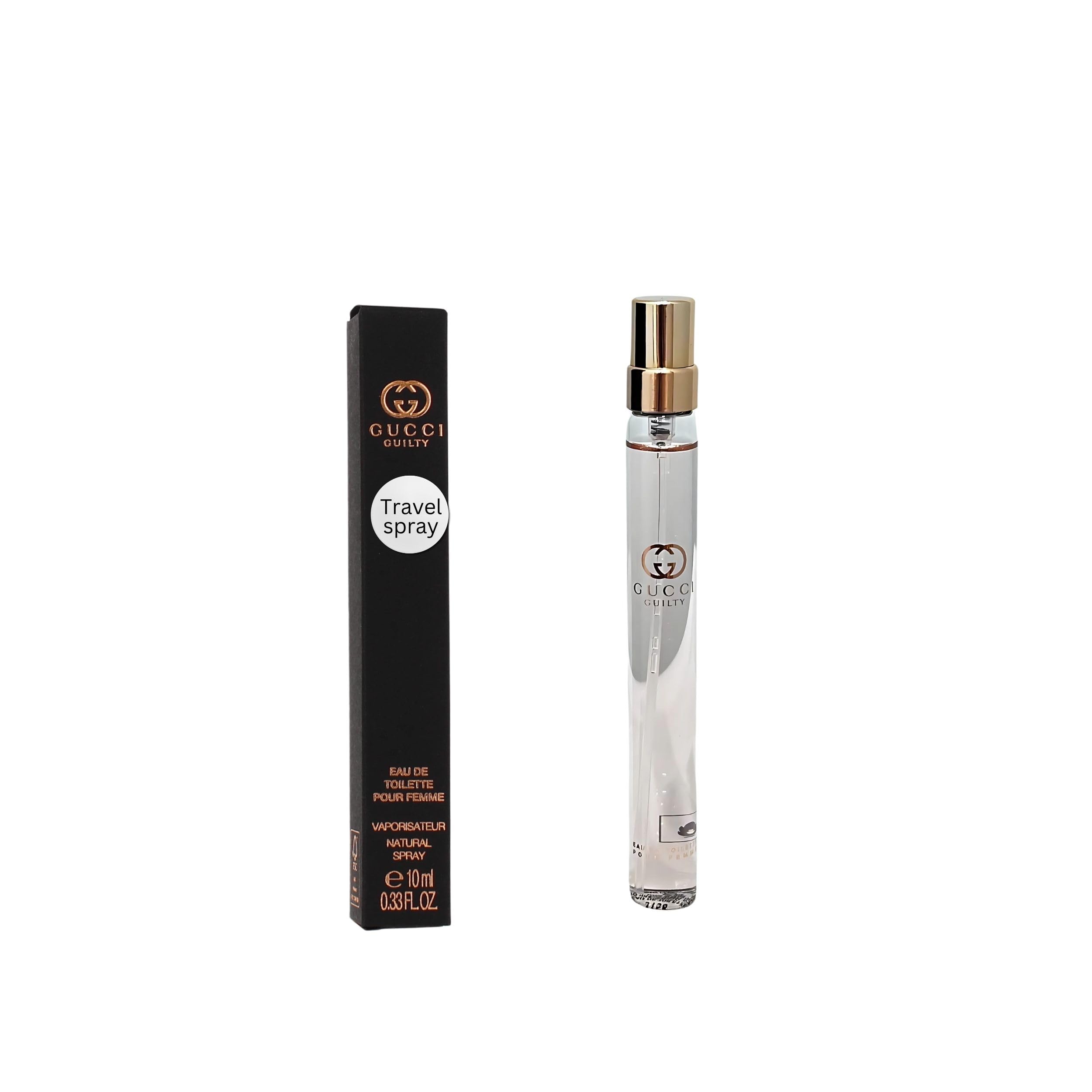 Gucci Guilty Pour Femme travel spray packaging closeup for travel convenience.