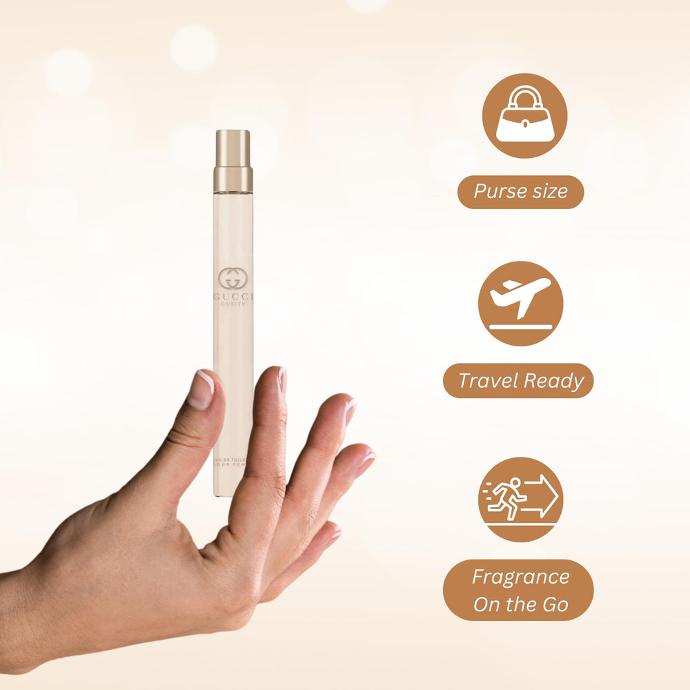 Gucci Guilty Pour Femme travel spray pen applies cleanly for discreet scent touch-ups.