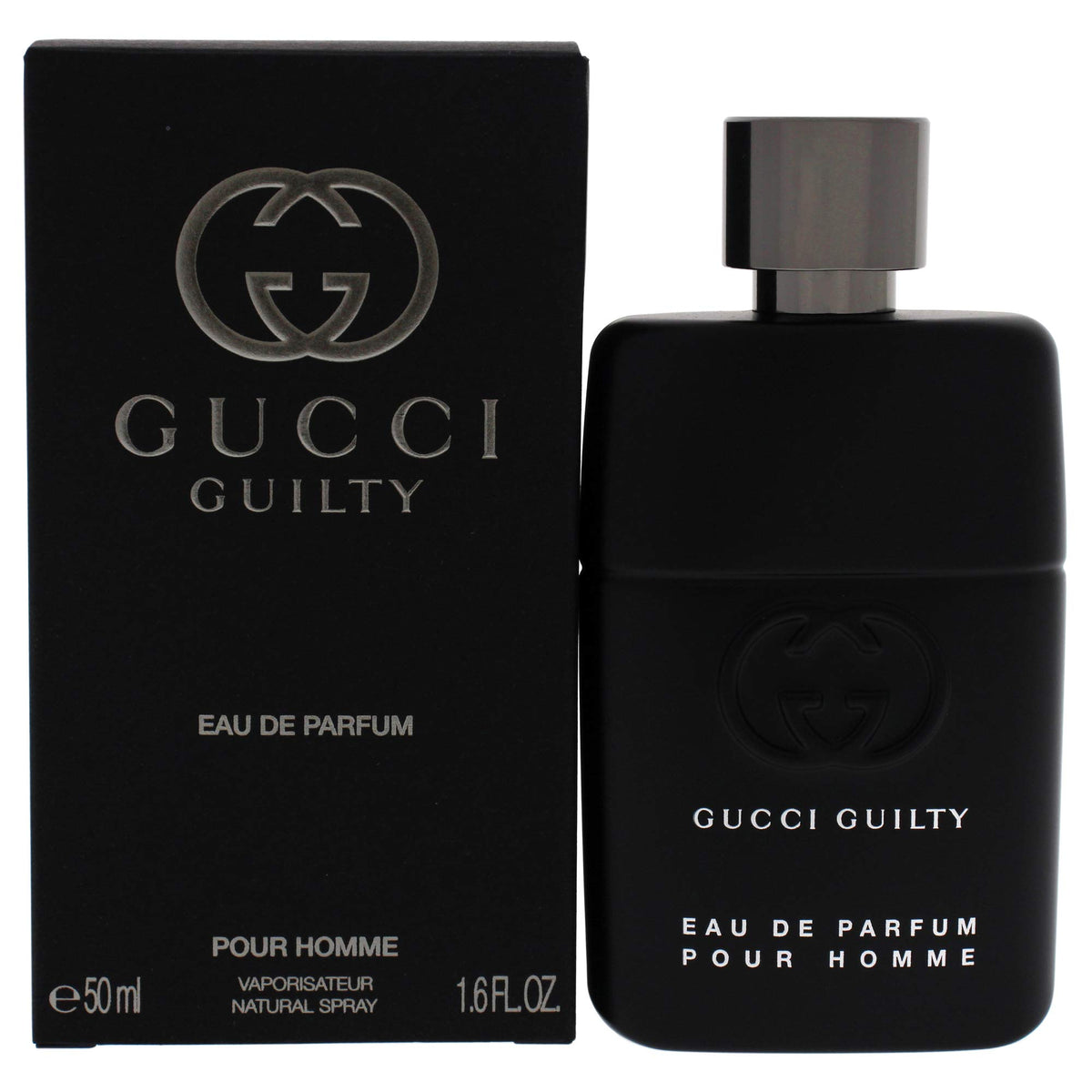 Gucci Guilty Pour Homme bottle front view, ideal for bold evening fragrance.