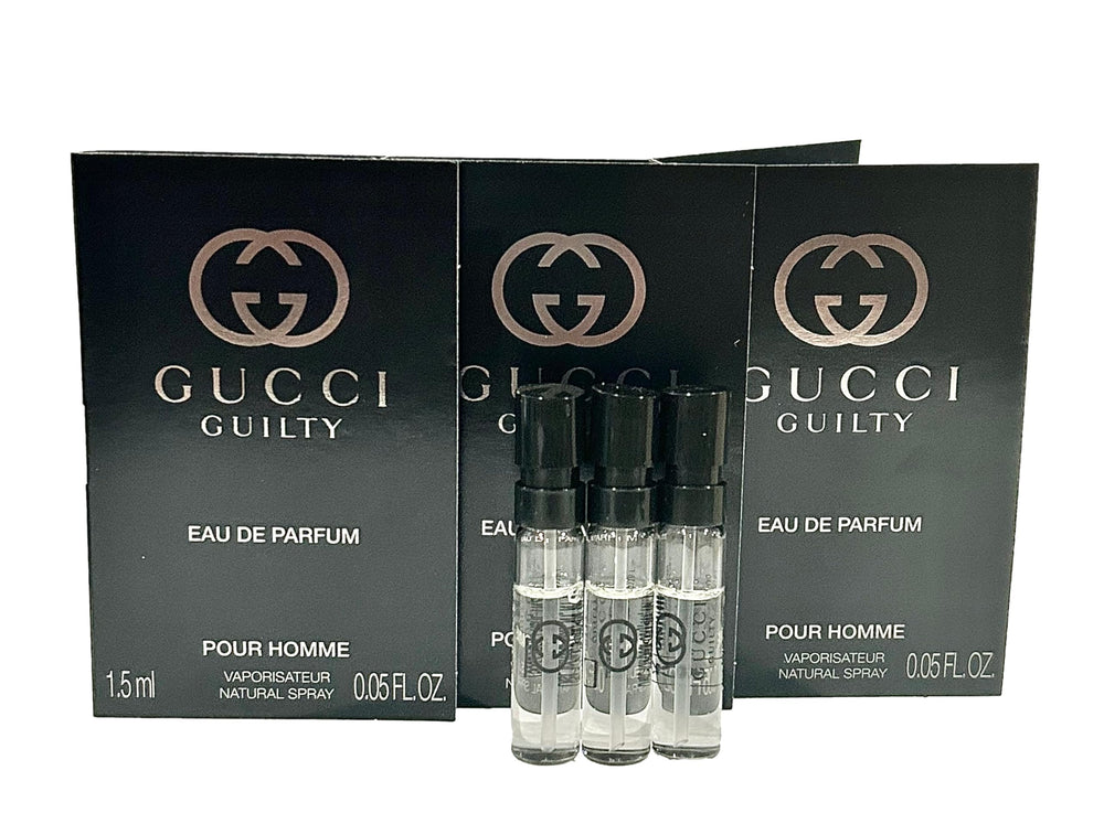 Gucci Guilty three-bottle sample set for men, ideal for testing.