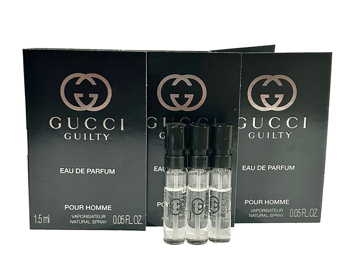 Gucci Guilty three-bottle sample set for men, ideal for testing.