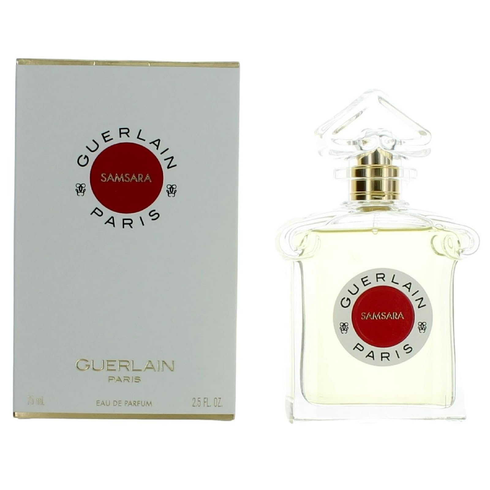 Guerlain Samsara bottle top close-up highlighting sandalwood and vanilla for evening wear