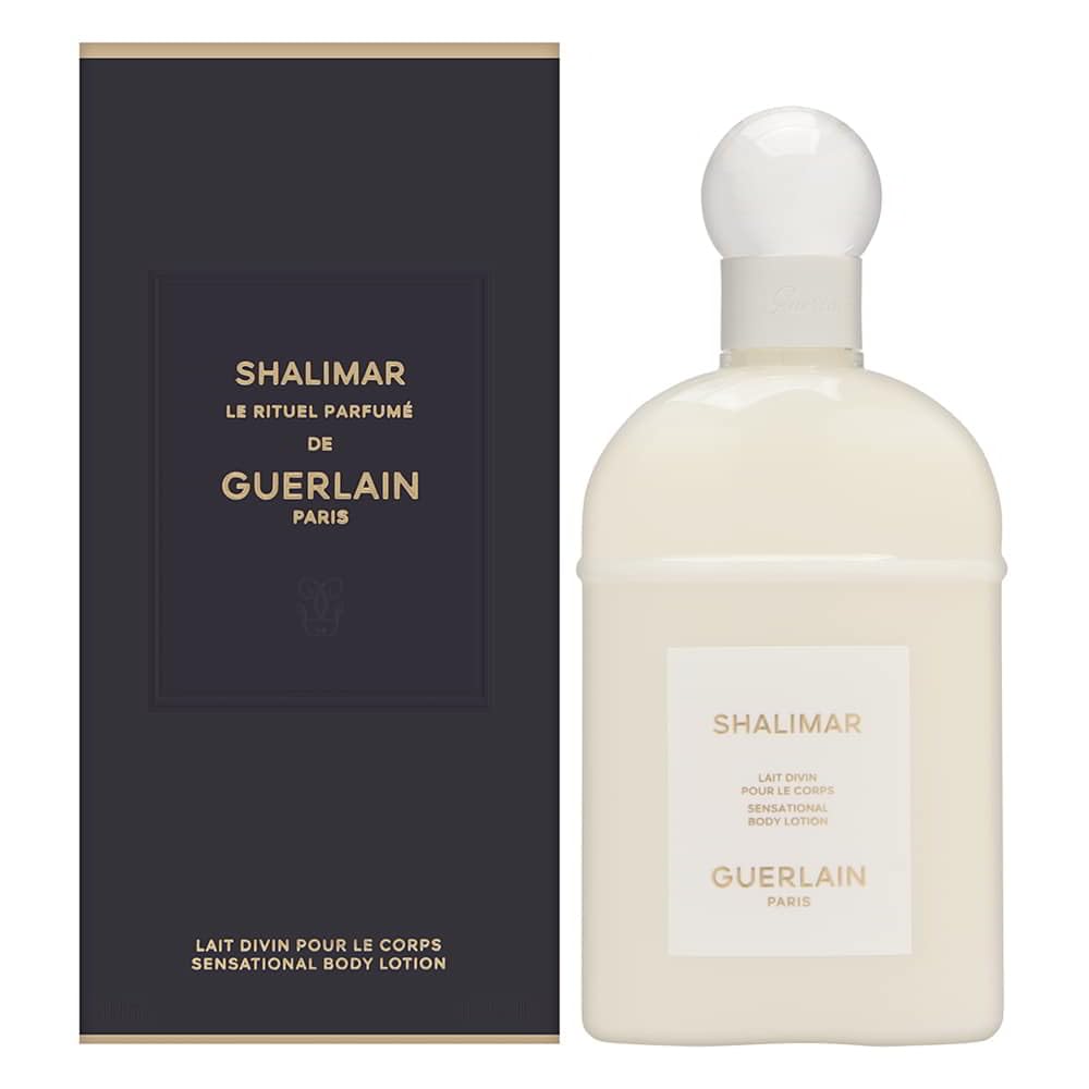 Guerlain Shalimar body lotion bottle provides lightweight hydration with a delicate fragrance.