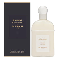 Guerlain Shalimar body lotion bottle provides lightweight hydration with a delicate fragrance.