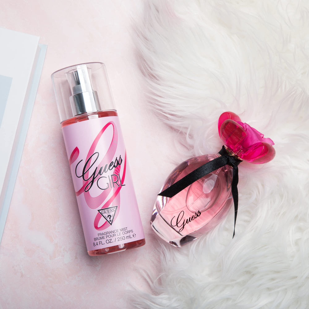 GUESS Girl Fragrance Mist angled bottle highlights floral fruity notes for everyday freshness.
