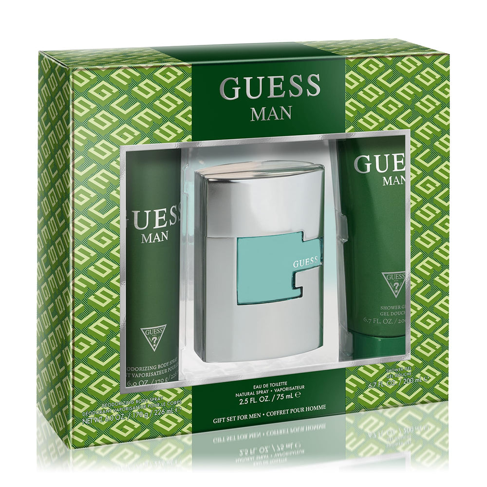 GUESS Man eau de toilette gift-set packaging highlights citrus aromatic notes for modern confidence.