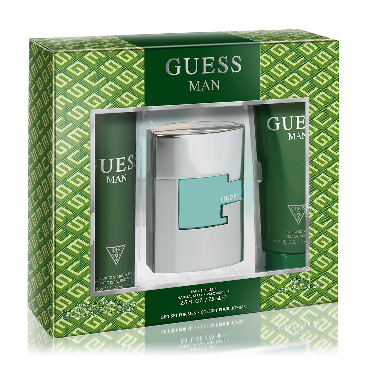 GUESS Man eau de toilette gift-set packaging highlights citrus aromatic notes for modern confidence.