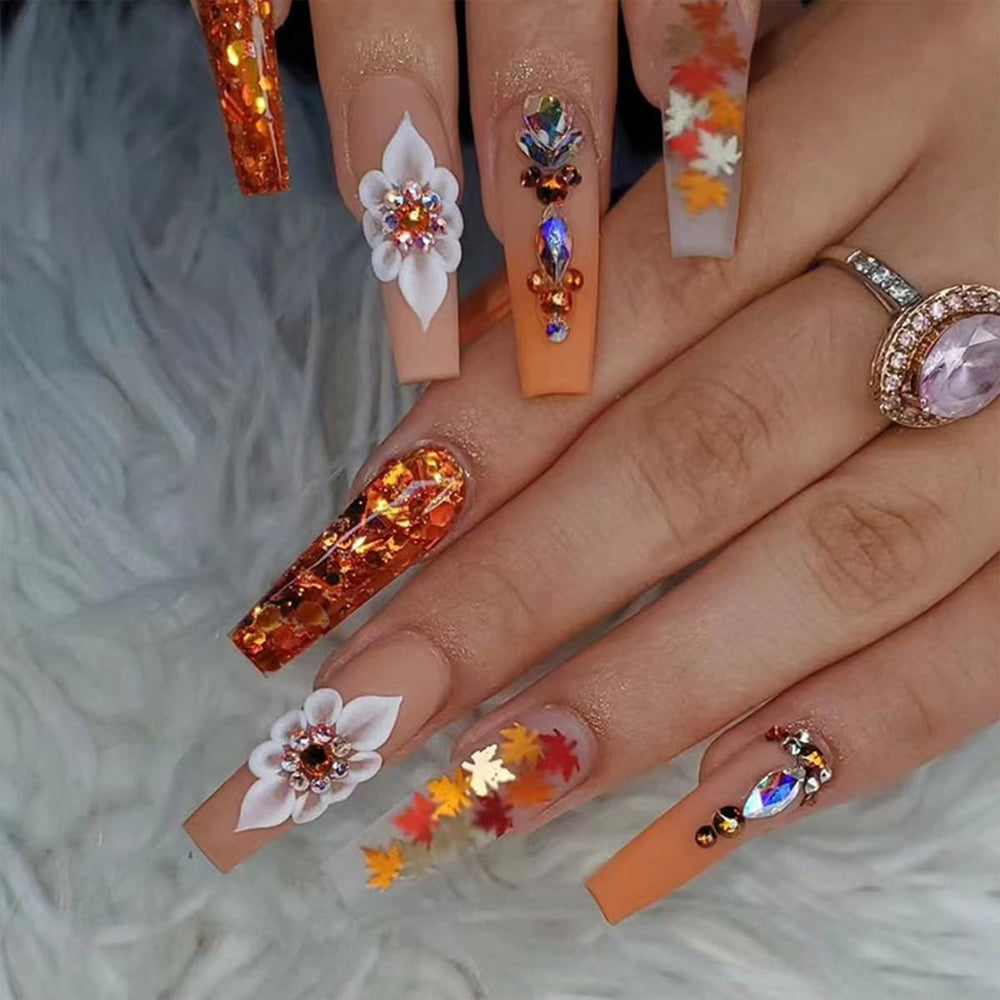 GUFUGU fall press-on nails with maple leaves and rhinestones for festive style