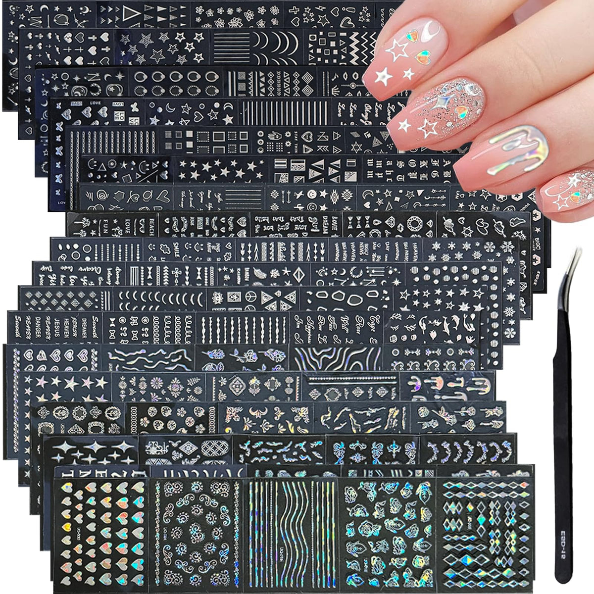 GUFUGU silver nail stickers show a 90-sheet set for versatile manicure designs.