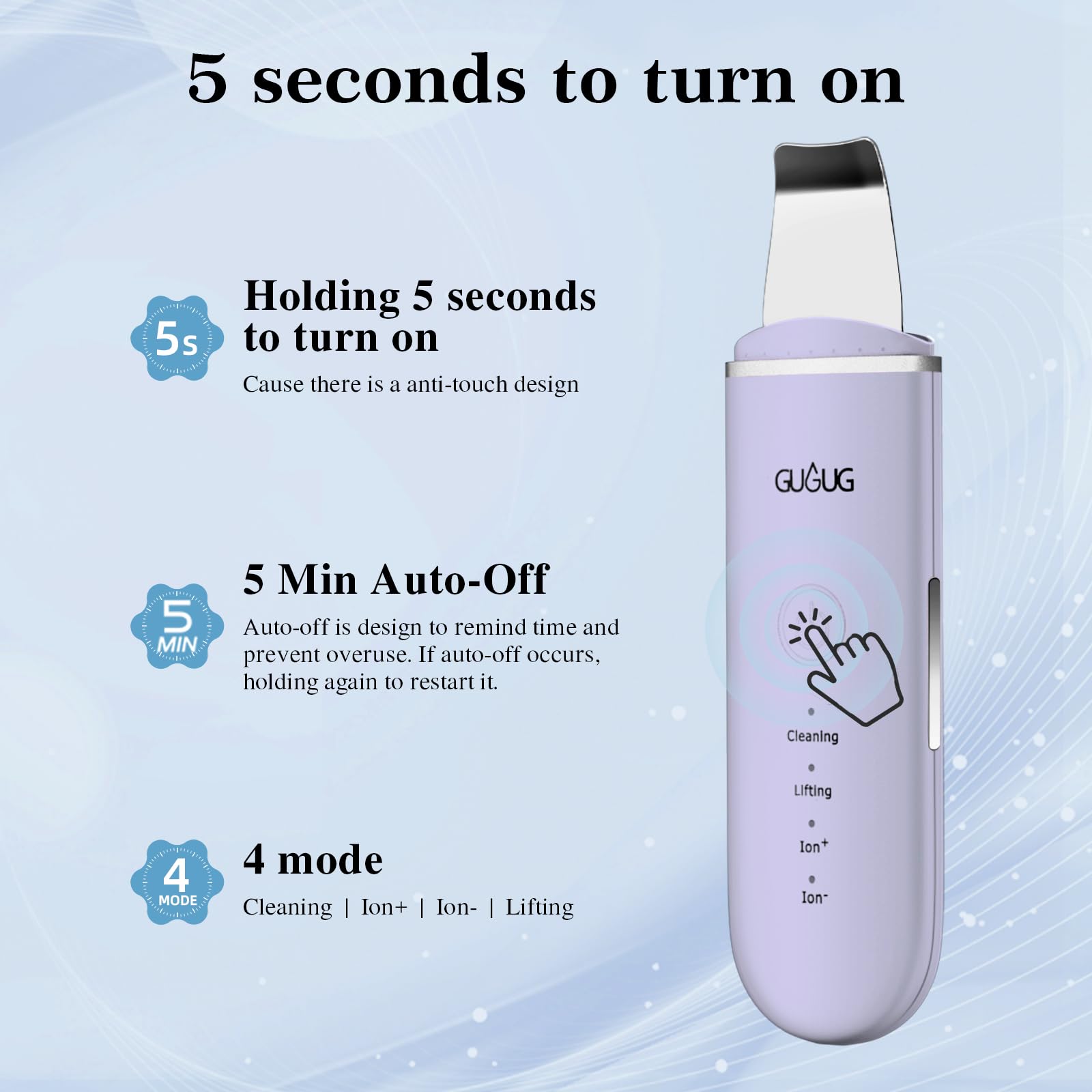 GUGUG Skin Scrubber 5-minute auto-off helps balanced usage and safety.