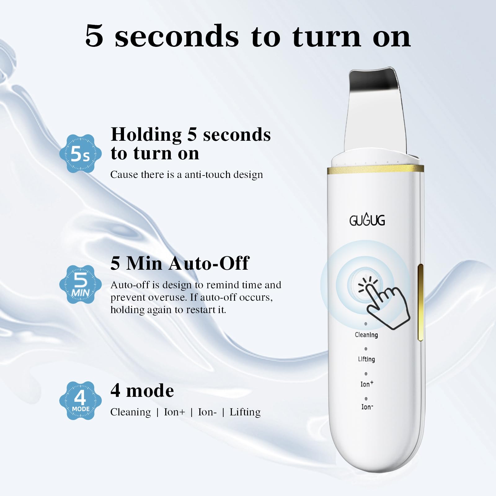 GUGUG Skin Scrubber lifting mode performing a gentle facial massage.