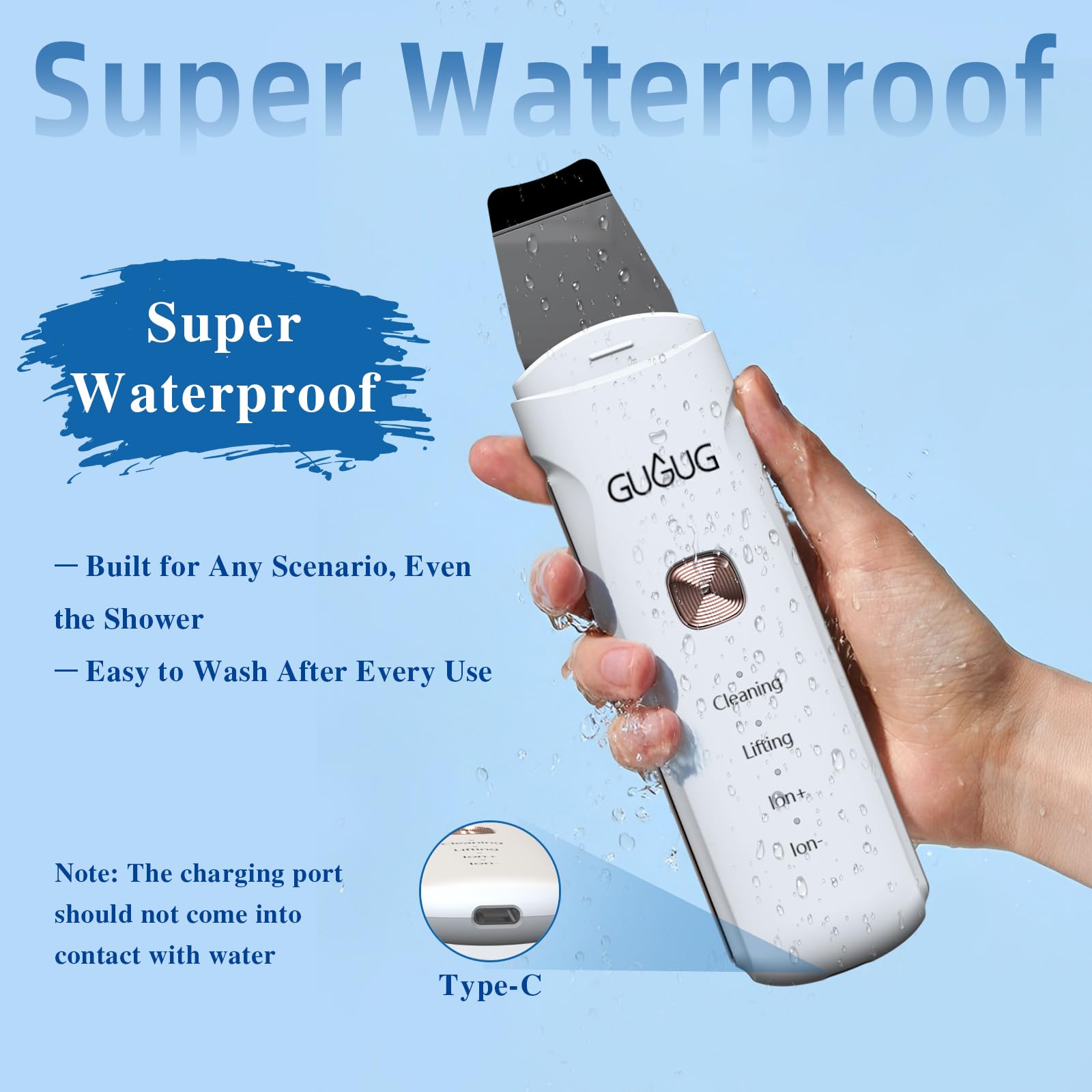 GUGUG Skin Scrubber lifting mode demonstrating a gentle facial massage.