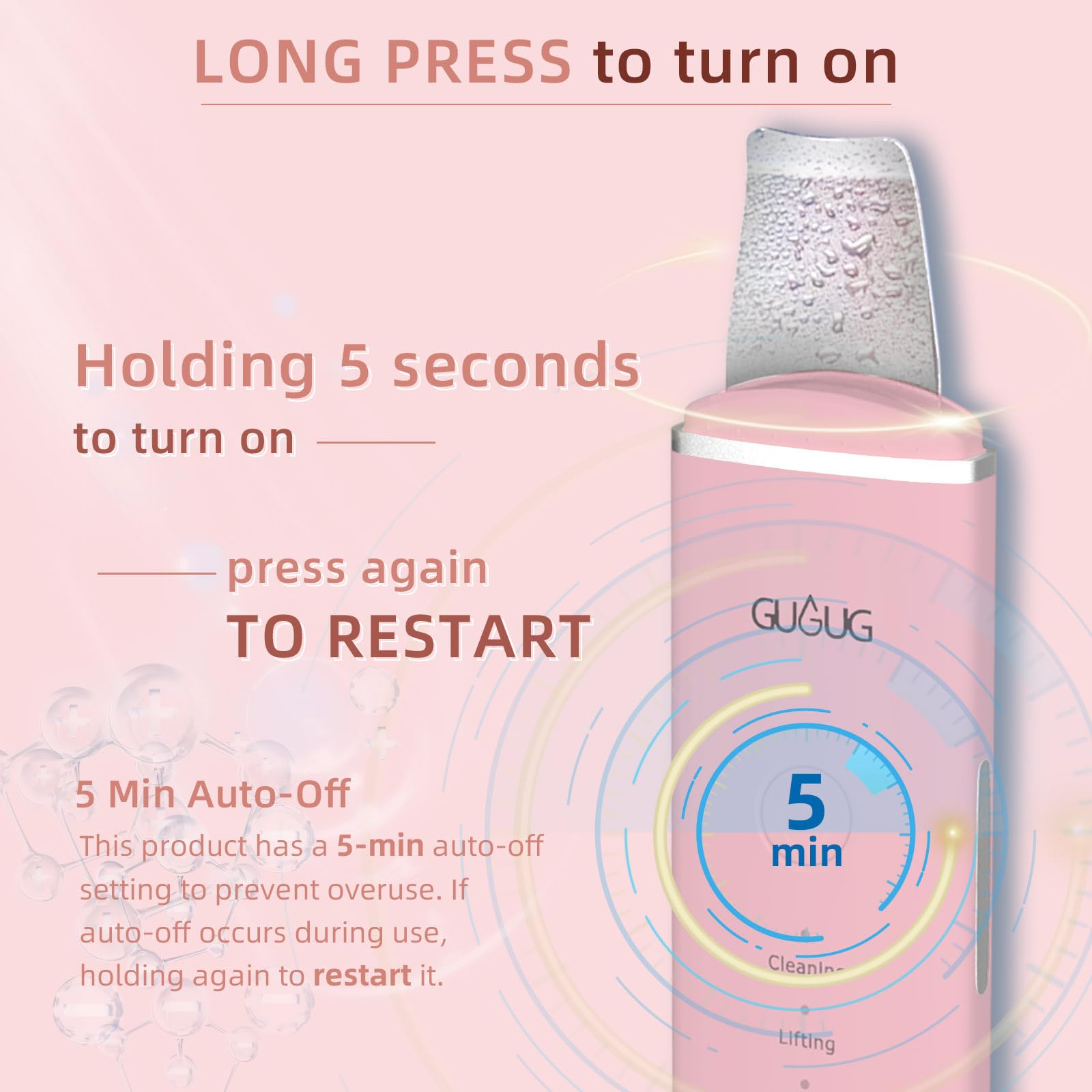 GUGUG water-steam cleansing illustrates deeper dirt removal from pores.