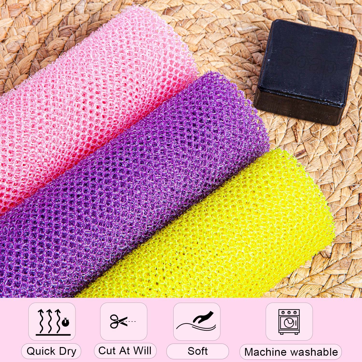 Gugull long net sponge demonstrates deep-cleaning action on skin.