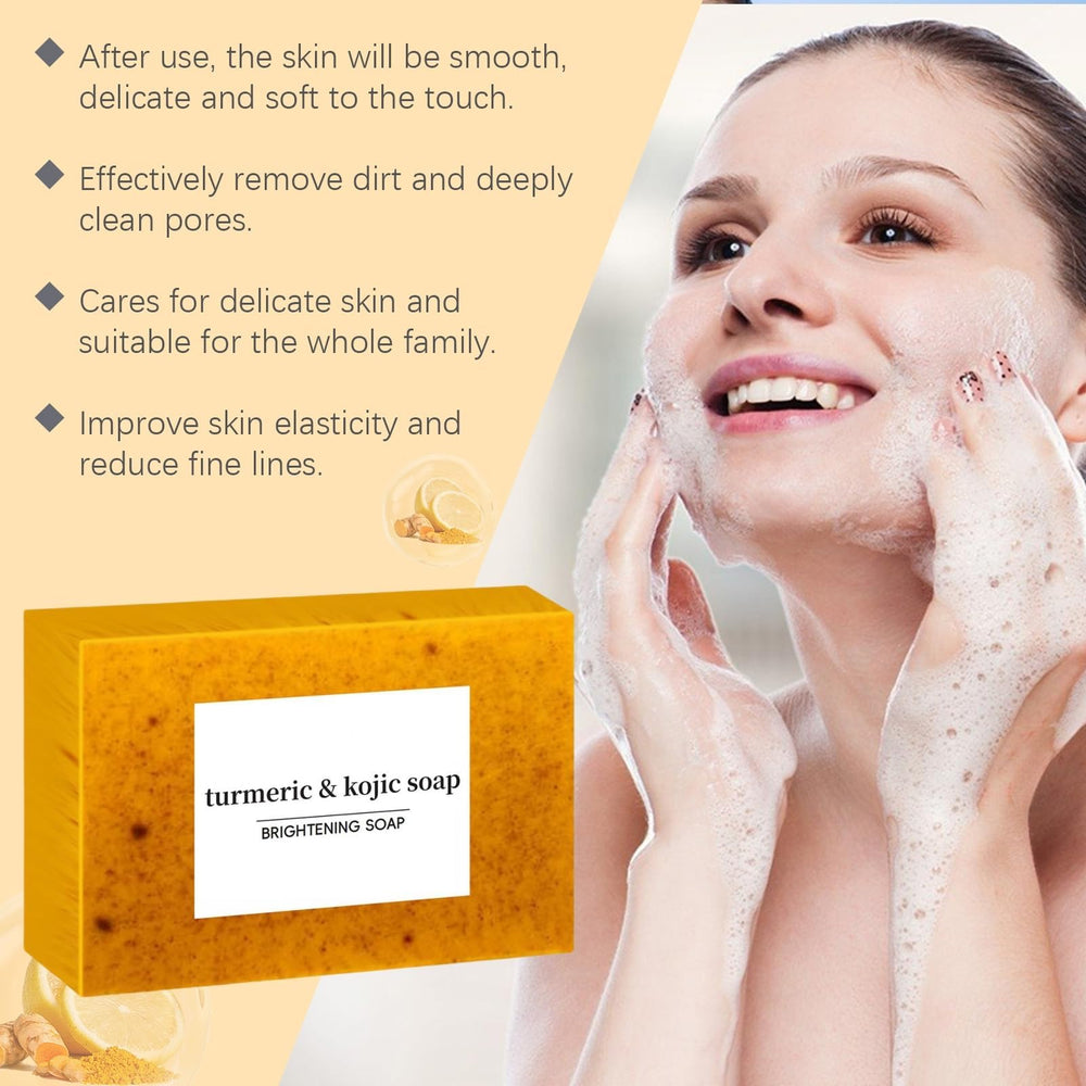Guluxly Lemon Turmeric Kojic Soap in bath setting suggests quick daily cleanse post-shower.