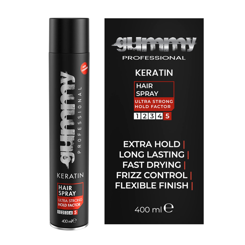 Gummy hair spray 400ml bottle delivers strong all-day hold.