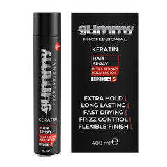 Gummy hair spray 400ml bottle delivers strong all-day hold.