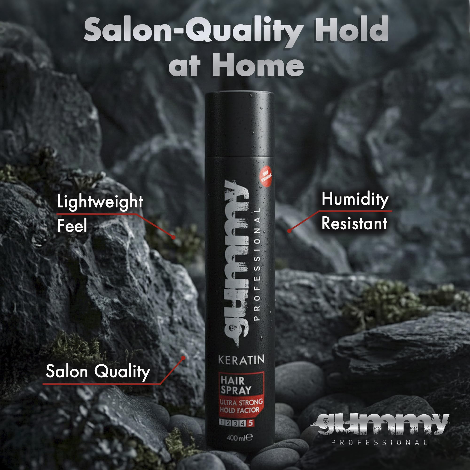 Gummy hair spray dispense action demonstrates smooth, precise styling.