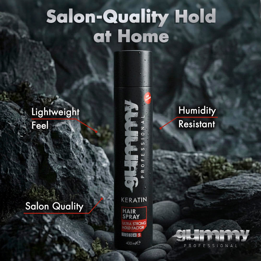Gummy hair spray dispense action demonstrates smooth, precise styling.
