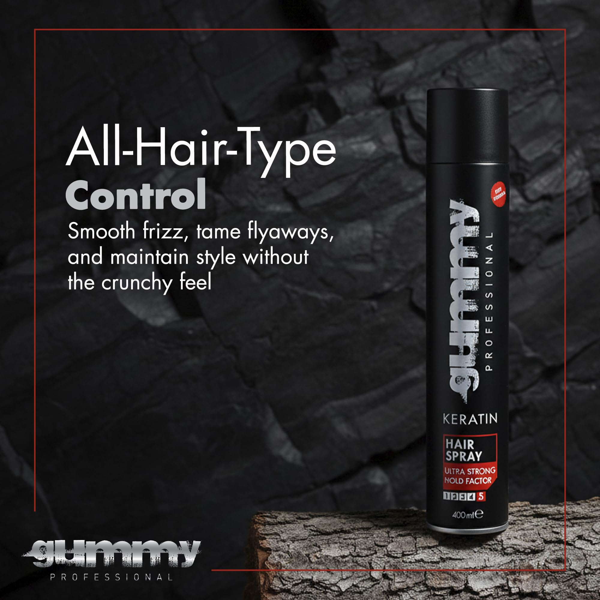 Gummy hair spray finished look with natural shine and firm hold.