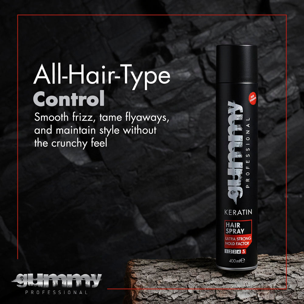 Gummy hair spray finished look with natural shine and firm hold.