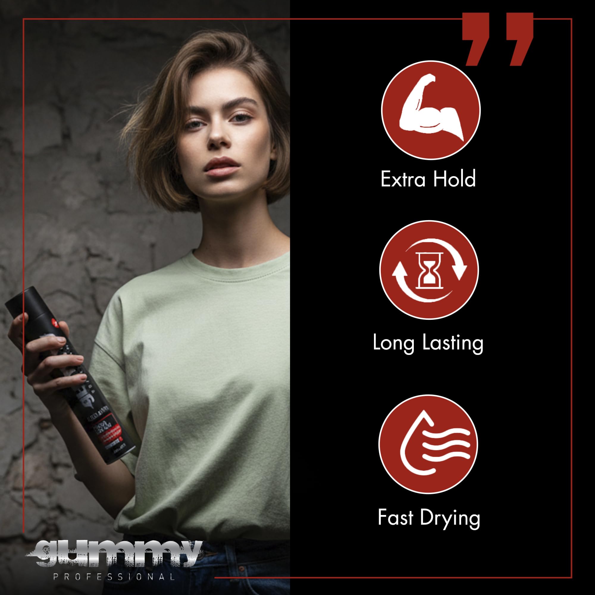 Gummy hair spray mist application for quick, light hold.
